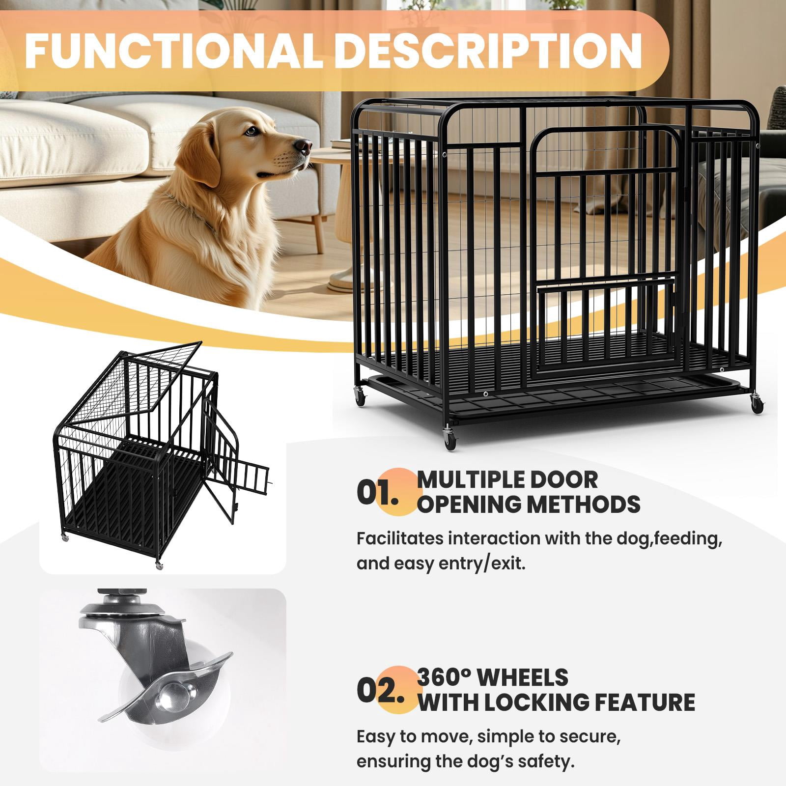 QUHEE 38 inch Sturdy Black Metal Dog Crate with Removable Tray and Lockable Wheels, Pet Kennel for Small and Medium Dogs Indoor Outdoor Use