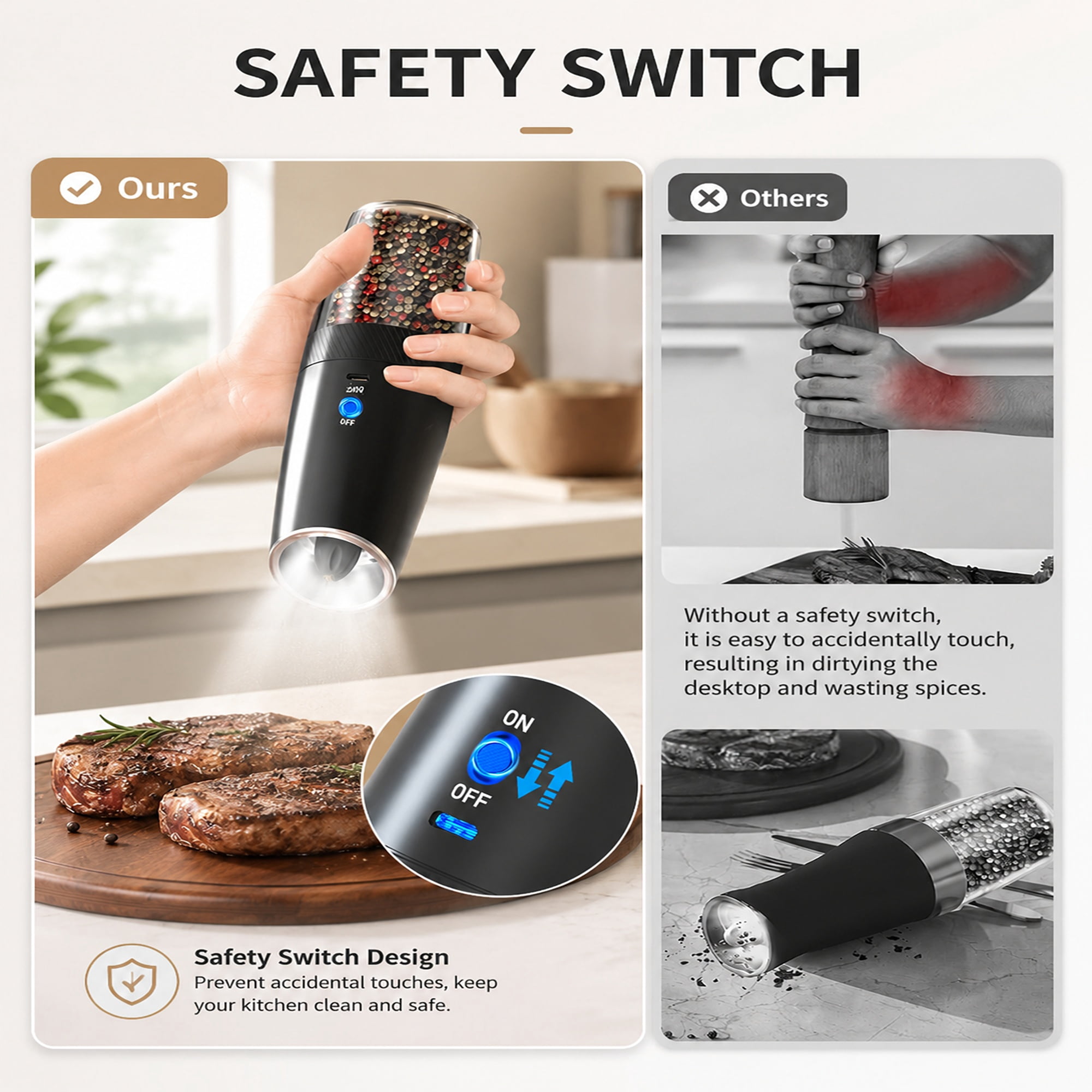 AsFrost Rechargeable Electric Salt and Pepper Grinder Set Gravity Salt and Pepper Mills Set with LED Light, No Battery Needed, Adjustable Coarseness, Washable 135ml Container