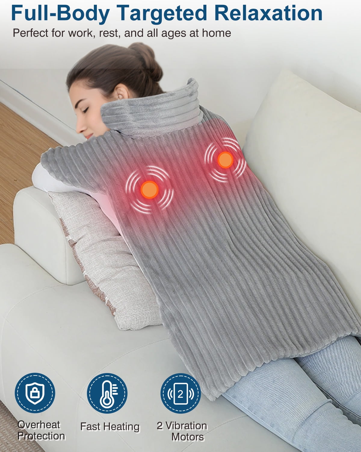 Massaging Heating Pad for Neck and Shoulders,Wearable Heating Pads for Back Pain Relief,Auto-Shut Off, 2 Heat Settings Heating Pad Wrap with Massager,Machine Washable,24 x35inch Grey
