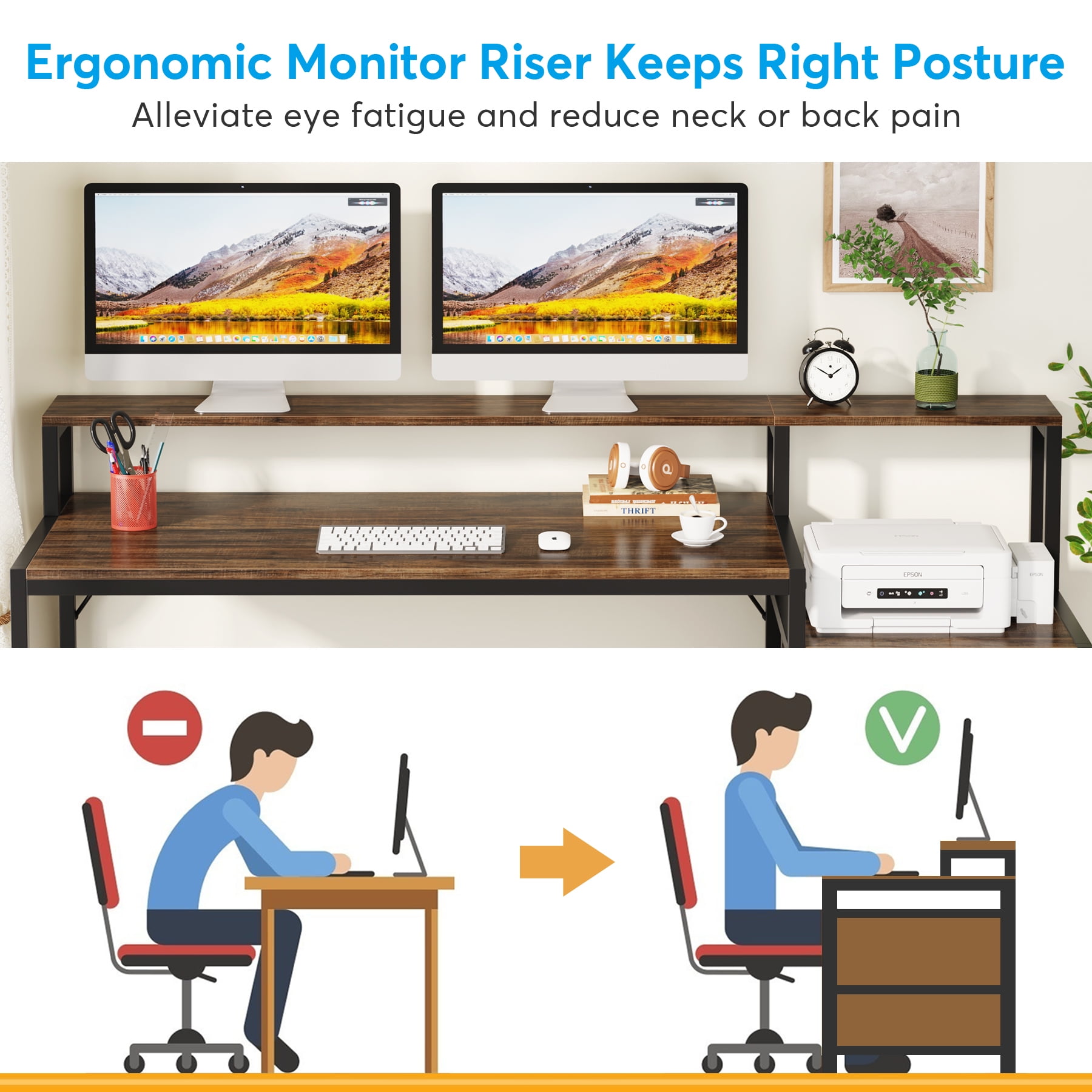 Tribesigns 63 Inch Computer Desk with Monitor Stand, Ergonomic Office Desks with Drawers File Cabinet