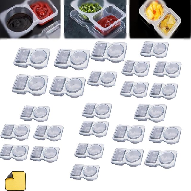 Contenants à Condiments Réutilisables, Double Compartiment avec Couvercles, pour Sauce à Emporter, Échantillonnage, Collation de Voyage (25 Pcs)