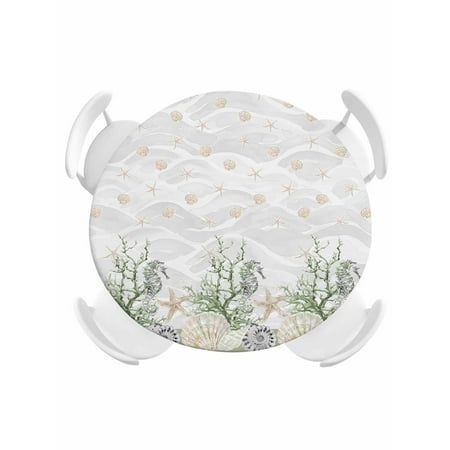 Round Fitted Tablecloth Retro Nautical Marine Life Circle Table Cover Waterproof Table Cloth with Elastic Edge Shell Starfish on Gray Sea Waves Outdoor Tablecloths for Kitchen Picnic 36-44in