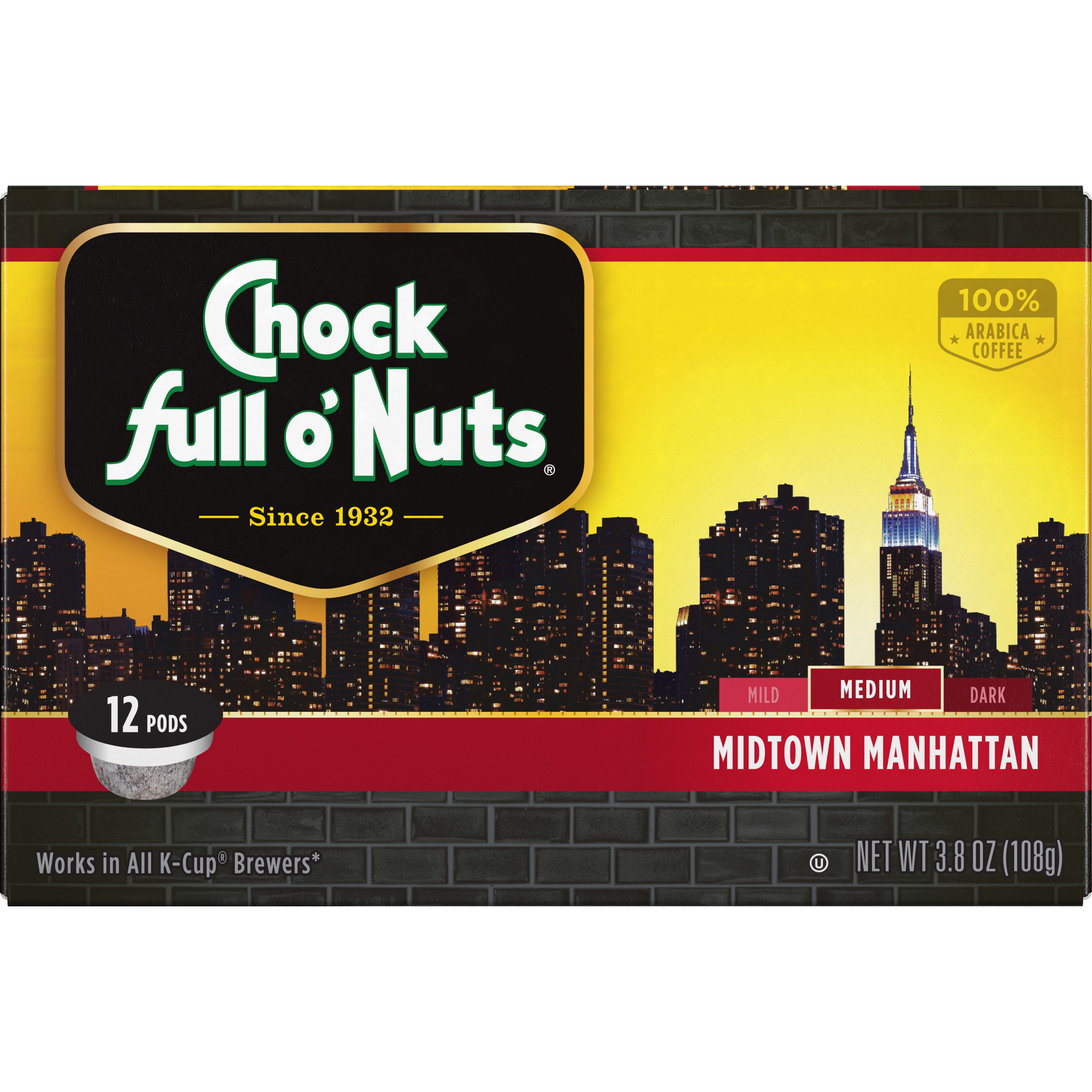 Chock full o'Nuts Midtown Manhattan KCup Coffee Pods, Medium Roast, 12