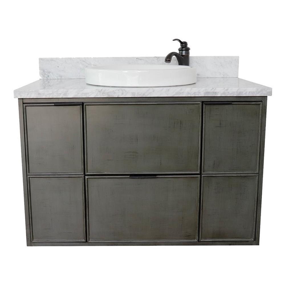 Bellaterra Home 37" Single wall mount vanity in Linen Gray finish top with White Carrara and round sink