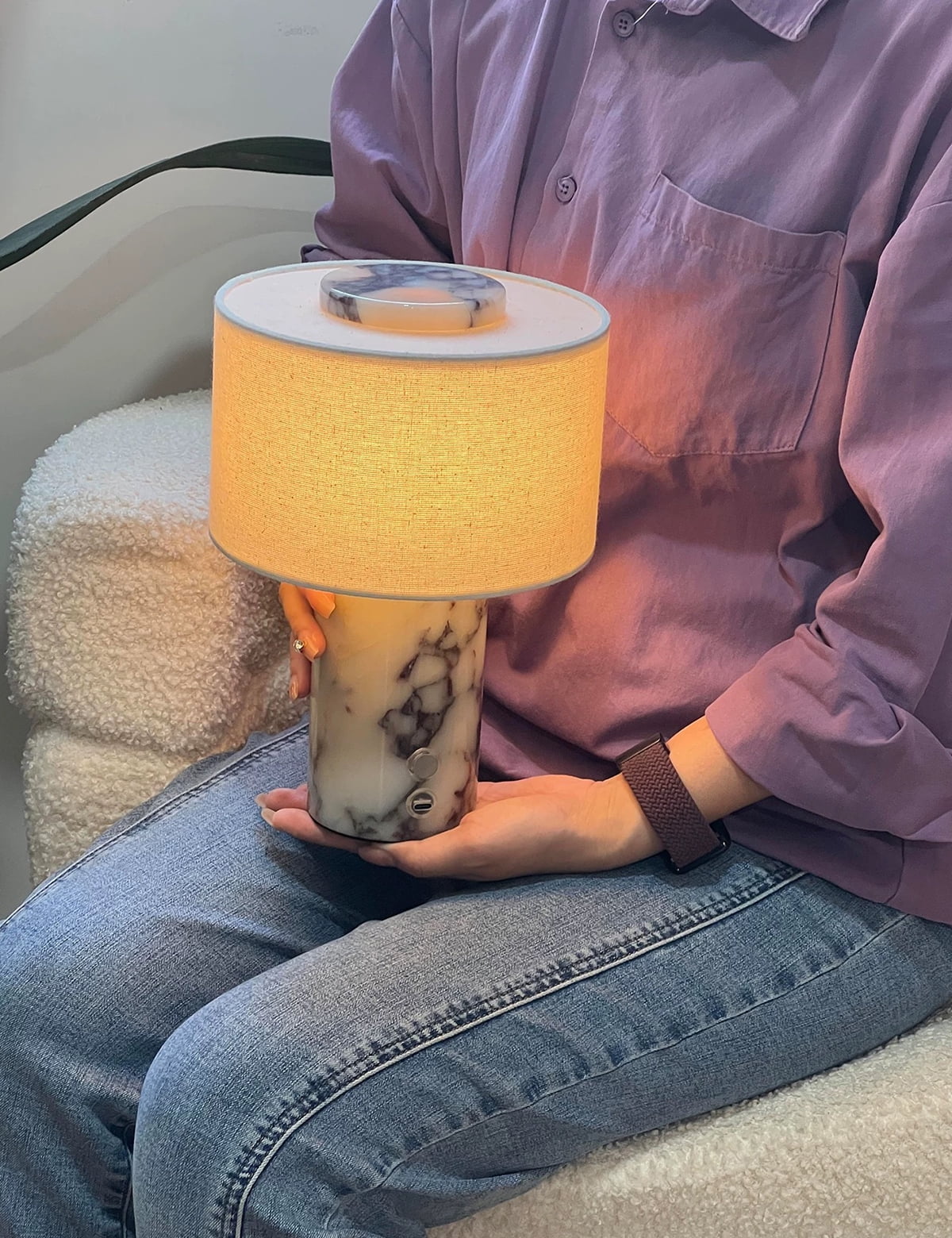 Luxury  Rechargeable Touch Marble Table Lamp, Calacatta Viola Natural  Stone & Cylindrical Linen Lampshade, High-End Night Light for Bedroom Bedside, Living, Console