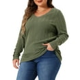 thumbnail image 4 of Plus Size Knit Tops for Women Long Sleeve V Neck Button Stretch Casual Pullover Sweater Blouses 1X Army Green, 4 of 6