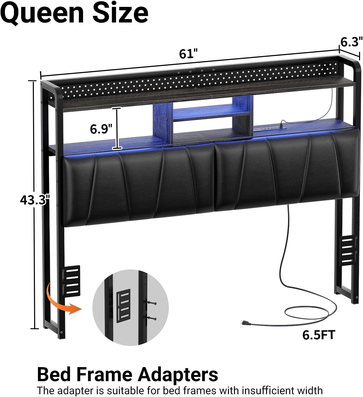 iSunirm Queen Size Upholstered Headboard with Power Outlets, USB Ports & RGB LED Light, Comfy Leather Headboards with Storage Shelf, Sturdy Queen Bed Headboard for Bedroom/Dorm Room, Black Oak
