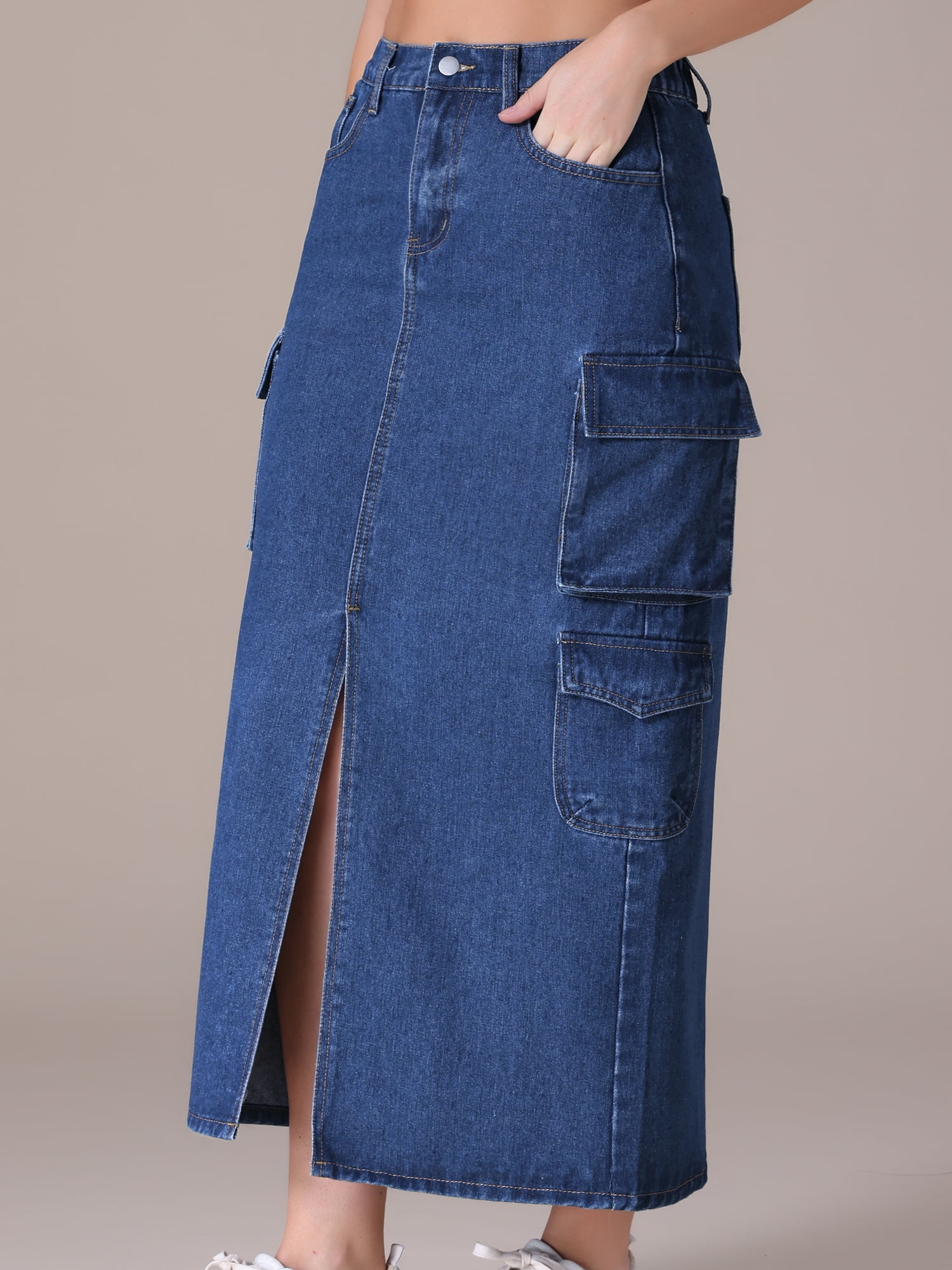 Unique Bargains Women's Front Split Flap Pockets Maxi Denim Skirt S Dark Blue