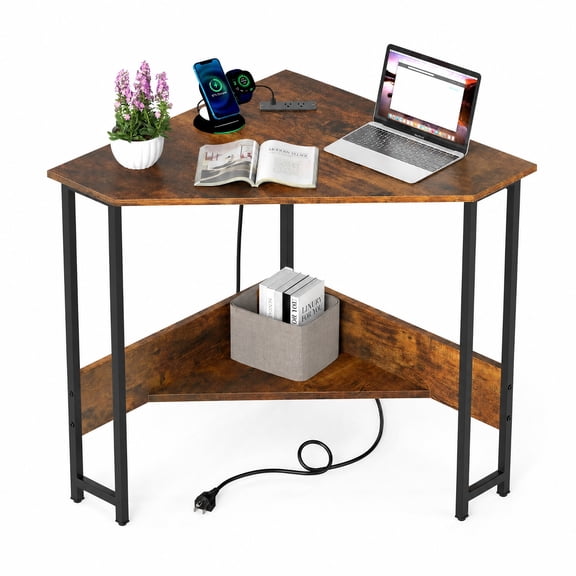 Furnibear Corner Desk Triangle Computer Desk Home Office Study Workstation with Charging Station and Open Shelf for Small Spaces, Rustic Brown