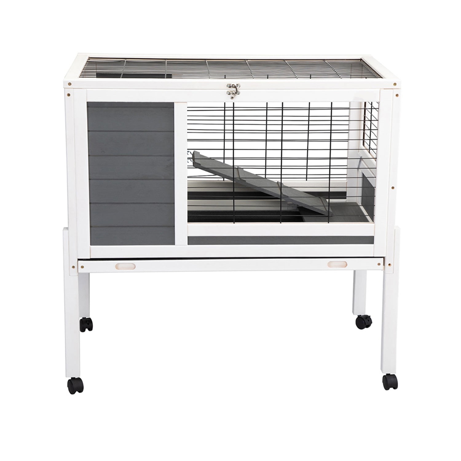 Pefilos Rabbit Hutch Indoor Outdoor Bunny House on Wheels Bunny Cage, Gray Pefilos Rabbit Hutch Indoor Outdoor Bunny House on Wheels Bunny Cage, Gray