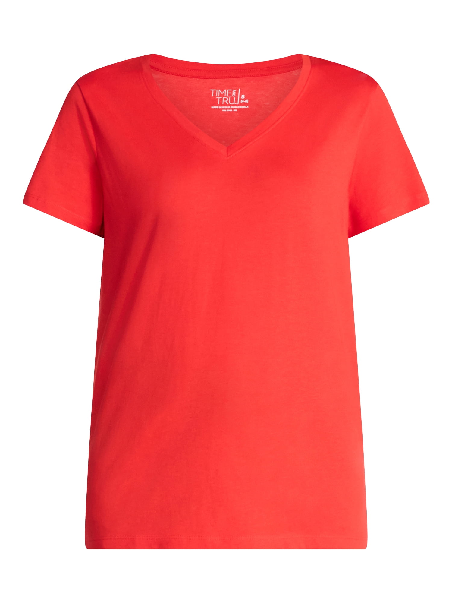 Time and Tru Women's Cotton V-Neck Tee with Short Sleeves, Sizes XS-4X