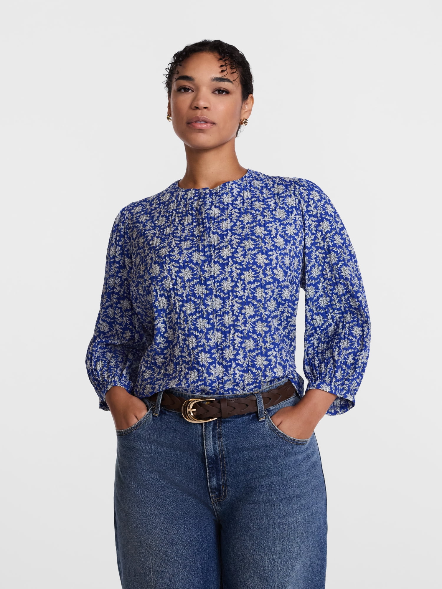 Scenario Women's and Women's Plus Blouse with 3/4-Length Puff Sleeves, Sizes XS-4X