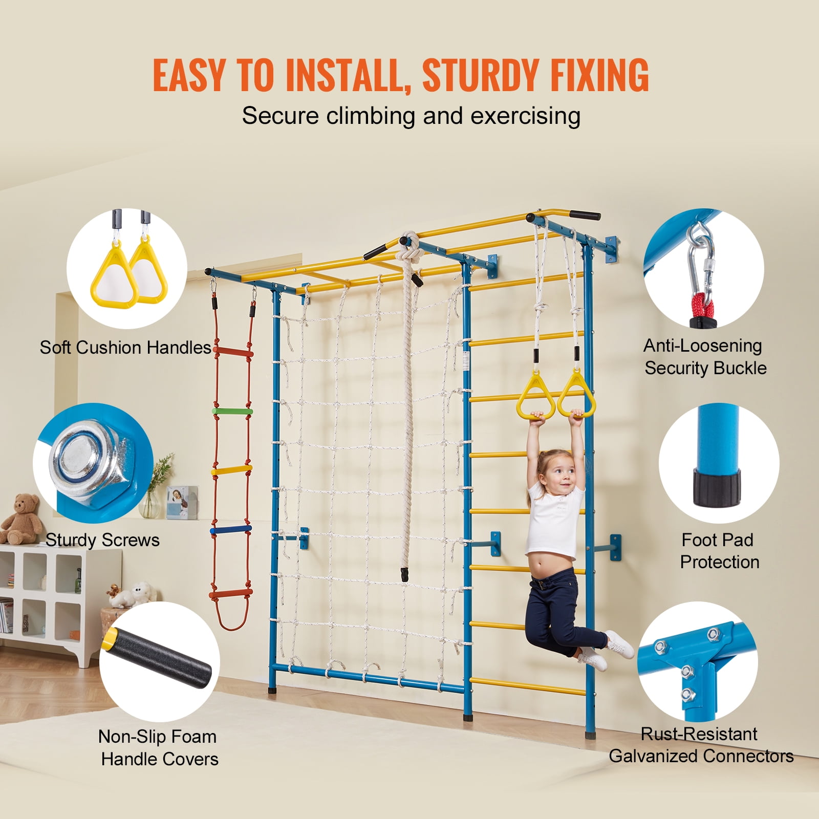 KFFKFF Indoor Play Equipment for Young Kids, 7-Feature Climbing Structure with Carbon Steel Swedish Steps, Wall Steps, Chin-Up Bar, Cord Steps, and Athletic Loops, Holds up to 220 lbs, Various Colors