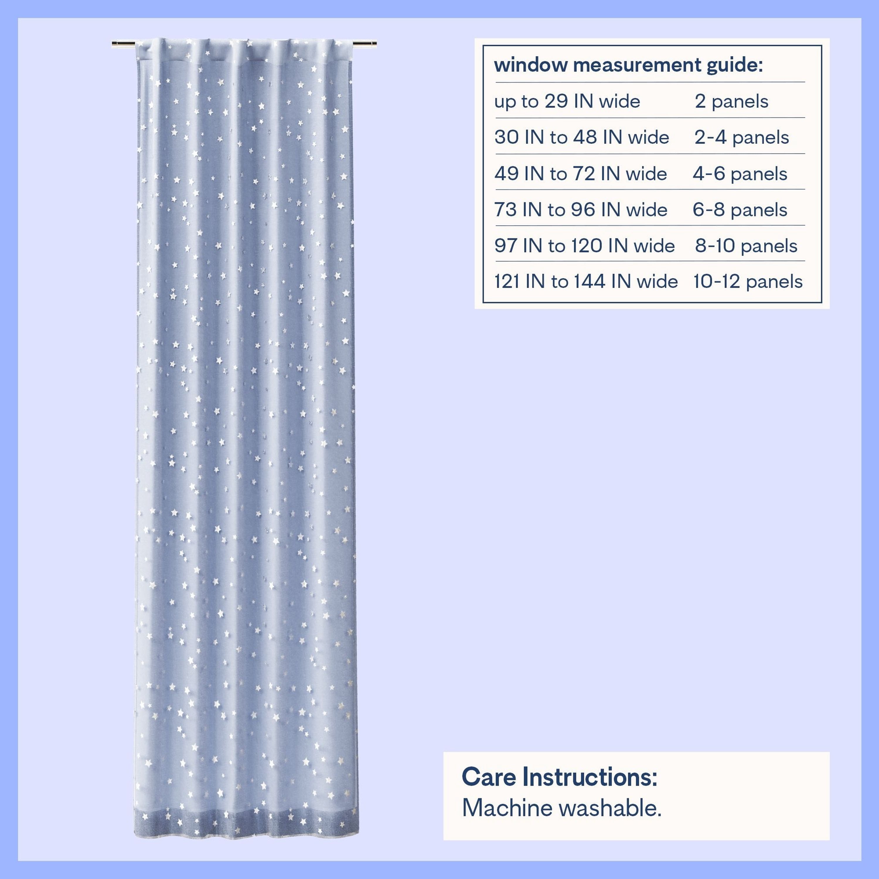 Mainstays Kids Spring Periwinkle and Metallic Silver Stars Sheer Overlay Blackout Rod Pocket with Back Tabs Single Curtain Panel, 38" W x 95" L