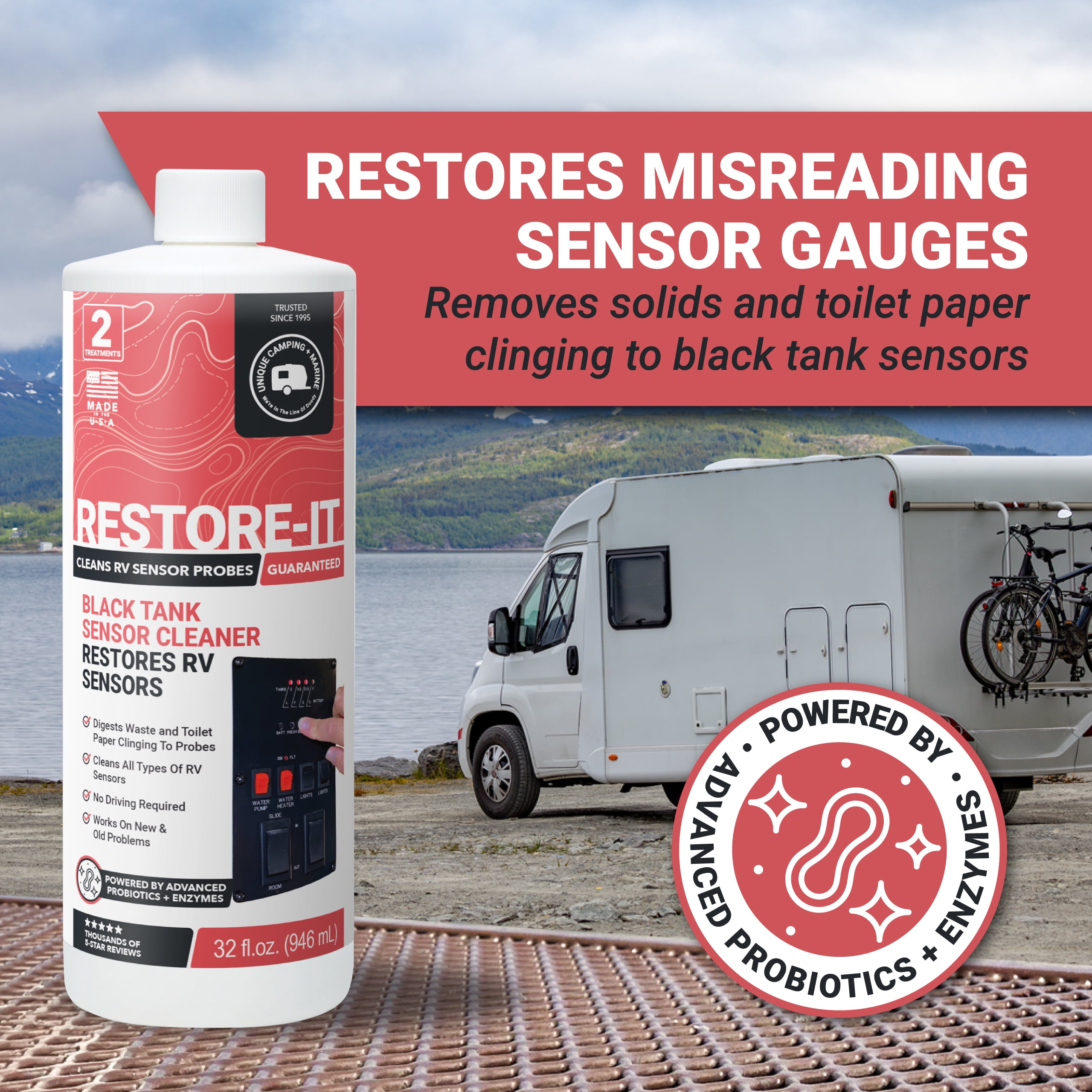 Unique Restore-It RV Tank Sensor Cleaner Liquid, Restore and Clean RV Black Tank Sensors (32 oz)