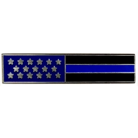 Hero's Pride Blue Line U.S. Flag Lapel Pin, Enameled Plated Finish, 2 Clutch Backs, 1-3/4x3/8