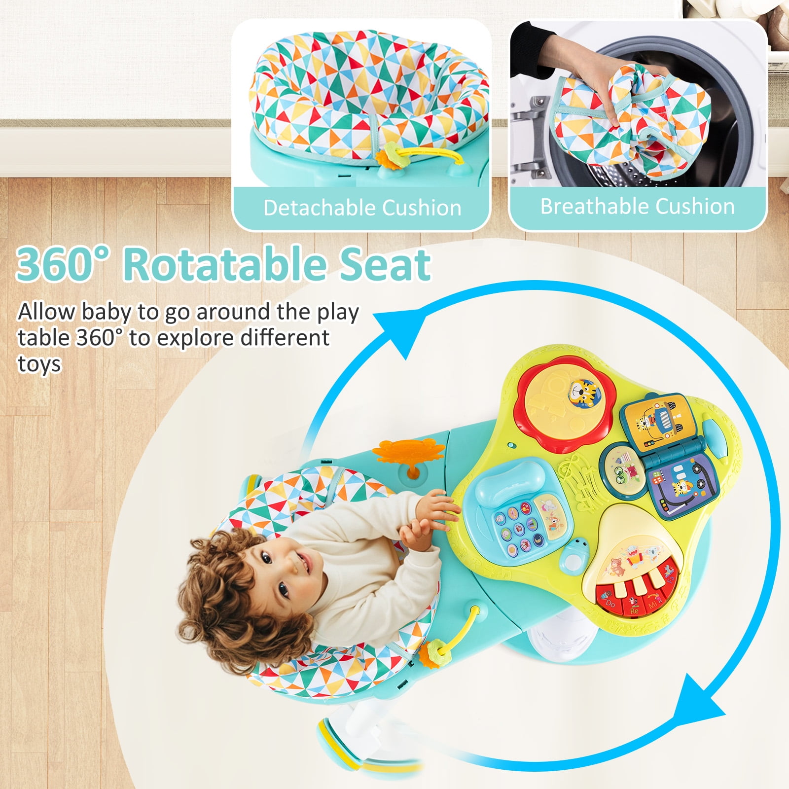 INFANS 3 in 1 Walk Around Baby Activity Center, Baby Walker with Play Table, Wheels, Detachable Seat Cushion, 3 Adjustable Heights, Learning Toys for Boys Girls Aged 6-36 Months