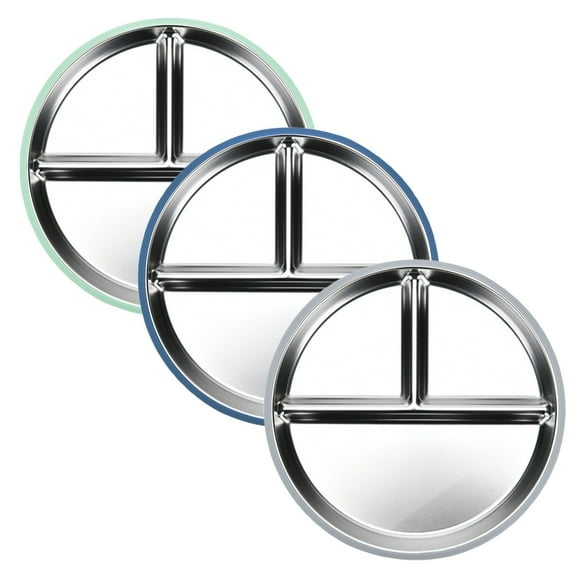 Shoreew Baby Plate with Suction Base 3-Section Divided Stainless Steel Dish 9" Unbreakable Anti Breakage Metal Bowls for Toddlers