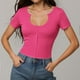 thumbnail image 2 of Blusa sexy de cuello en U y manga corta ajustada para mujer - Top elástico acanalado para salir por la noche o para el día a día, 2 of 4