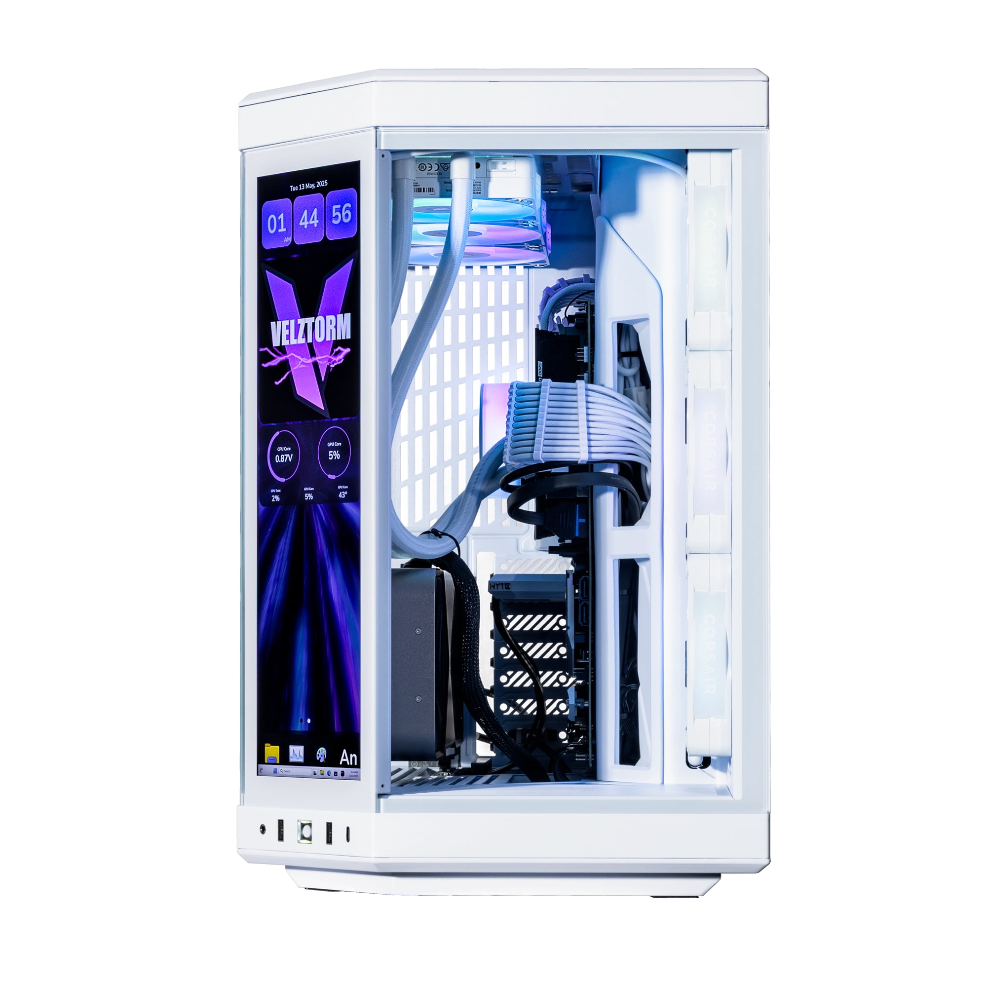 Velztorm LCD Praetix Custom Built Y70 Touch Gaming Desktop PC (Intel i9-14900K, RTX 5080, 32GB DDR5, 2TB PCIe SSD, RGB Fans, 360mm AIO, 1000W PSU, WiFi 6, Bluetooth 5.2, RJ-45, Win 11 Home)