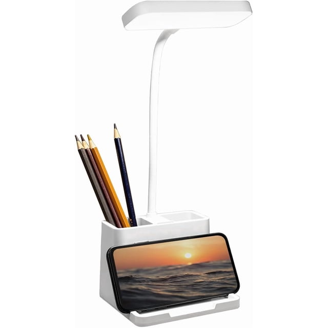 Lámpara de Escritorio LED, Lampara de Escritorio Recargable con Portalápices y Soporte para Celular, 3 Colores y Brillo Regulable Continua, Control Táctil