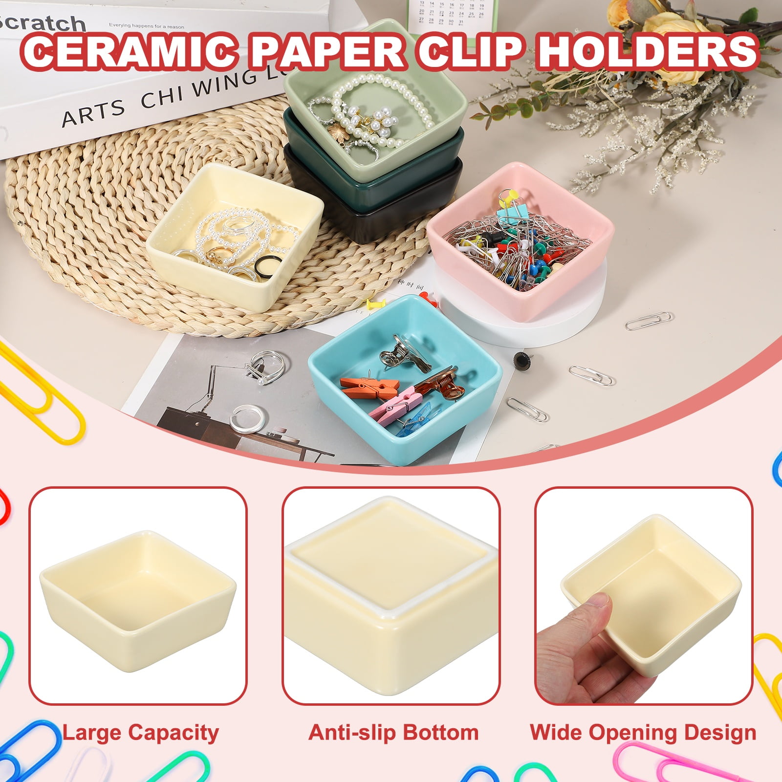 Uxcell Square Paper Clip Holders, 2 Pcs Ceramic Clip Dispenser Organizer Desk Organizer Accessories for Office Desktop Decor Bobby Pin Binder Paper Clamp, Cream Yellow