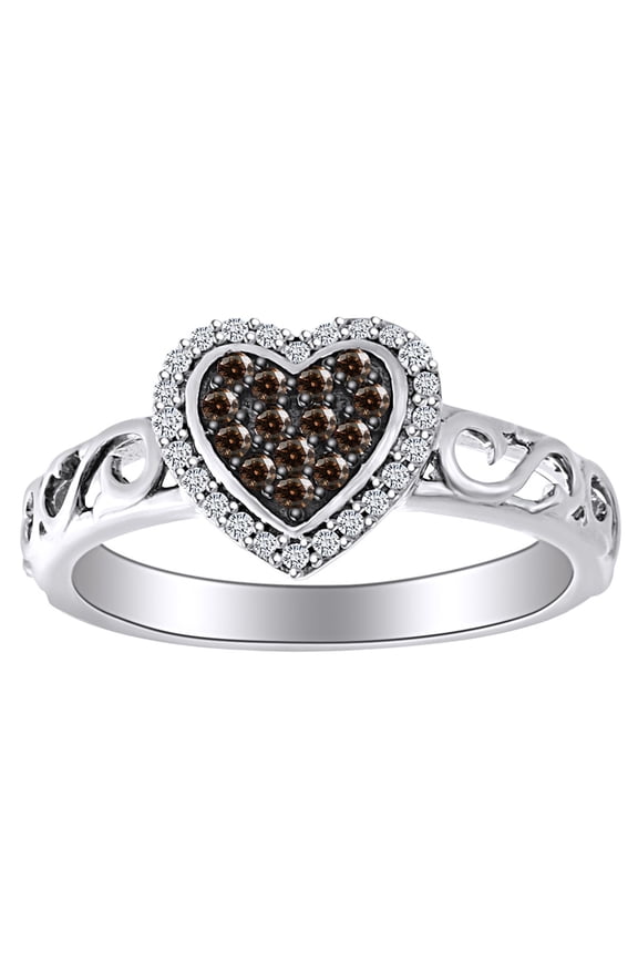 1/4 Carat Round Cut Brown & White Natural Diamond Filigree Heart Ring 10K Solid White Gold (0.25 Cttw)-Ring Size-10