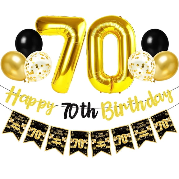 70th Birthday Decorations for Men Women, Happy 70th Party Supplies, 10pcs Black Gold 70th Birthday Banner, Foil 70 Balloons, Seventy Year Old Bday Photo Props Sign