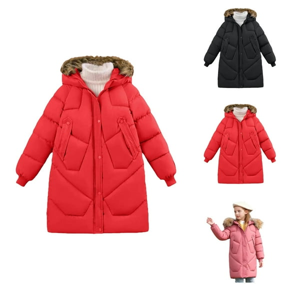 Girls Long Down Coat Thickened Hooded Jacket Windproof Outerwear for Big Kids Cold Weather