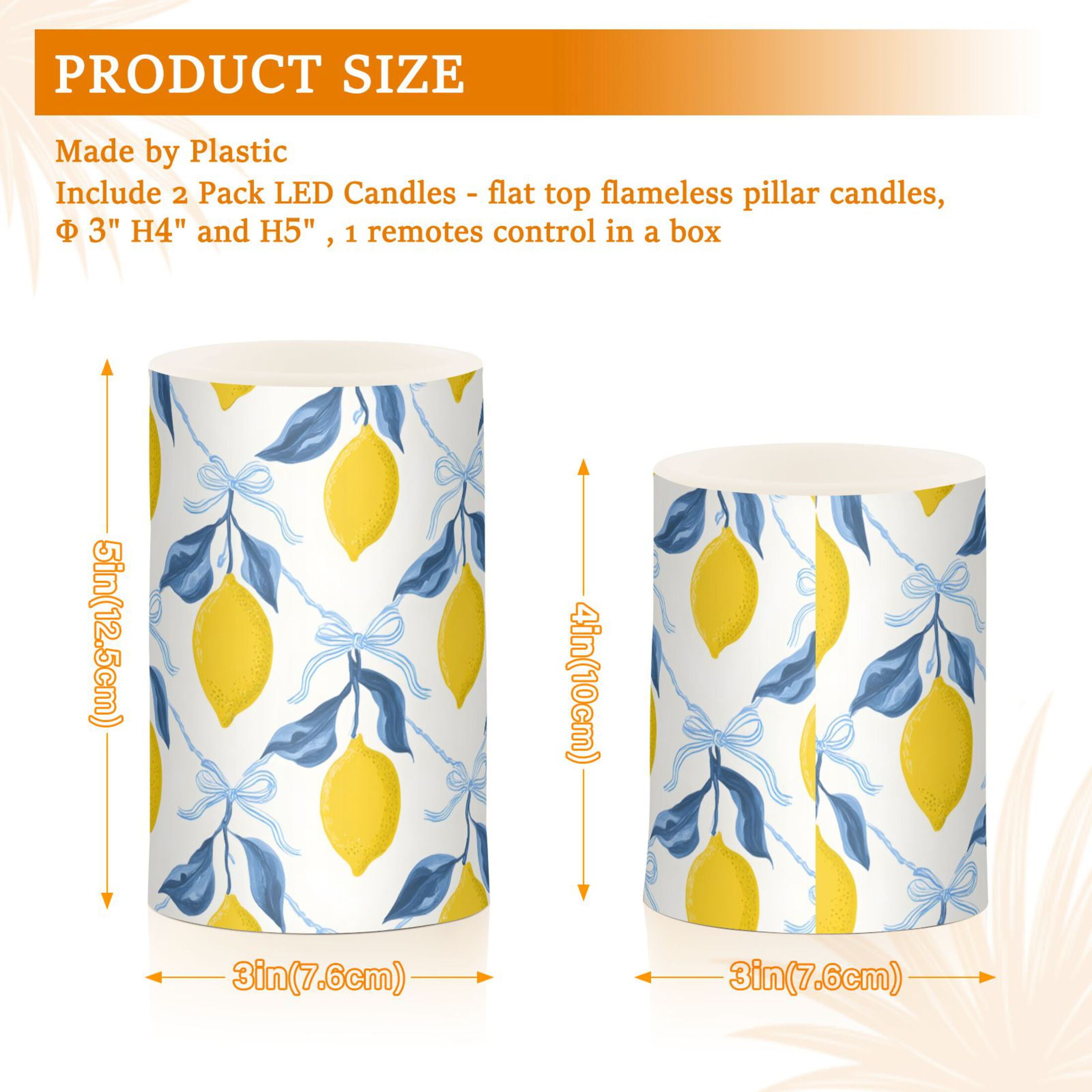 Lemon Blue Bow Pattern Flameless LED Candle Set with Remote, Battery Operated Color Changing Pillar Candles, Set of 2