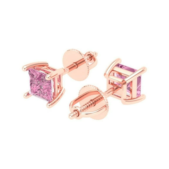 Small Women's Princess Cut Pink Cz Rose Gold Plated 925 Sterling Silver CZ Stud Screw Back Earrings
