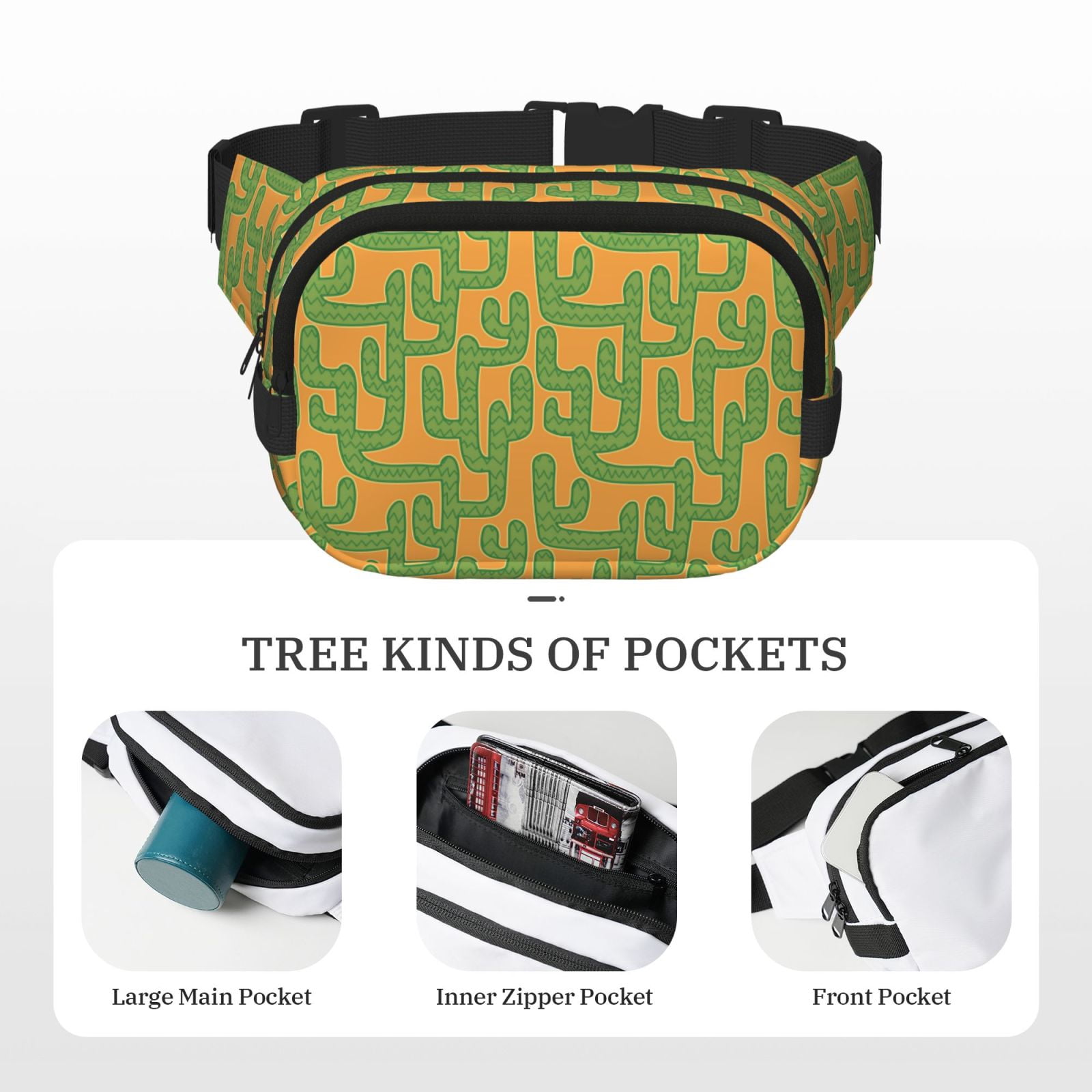 Picia Cactus 2 Print Square Double-Layer Waist Bag Mini Adjustable Waist Belt Bag Exercise Running Travel Hiking