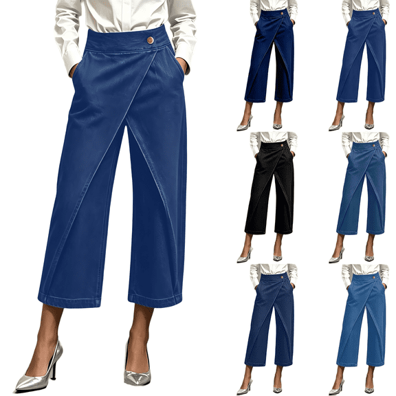 Tqcoqu Capris for Women Jeans,High Waist Wrap Front Button Cropped Wide Leg Pants with Pockets,Black Women's S-XXL
