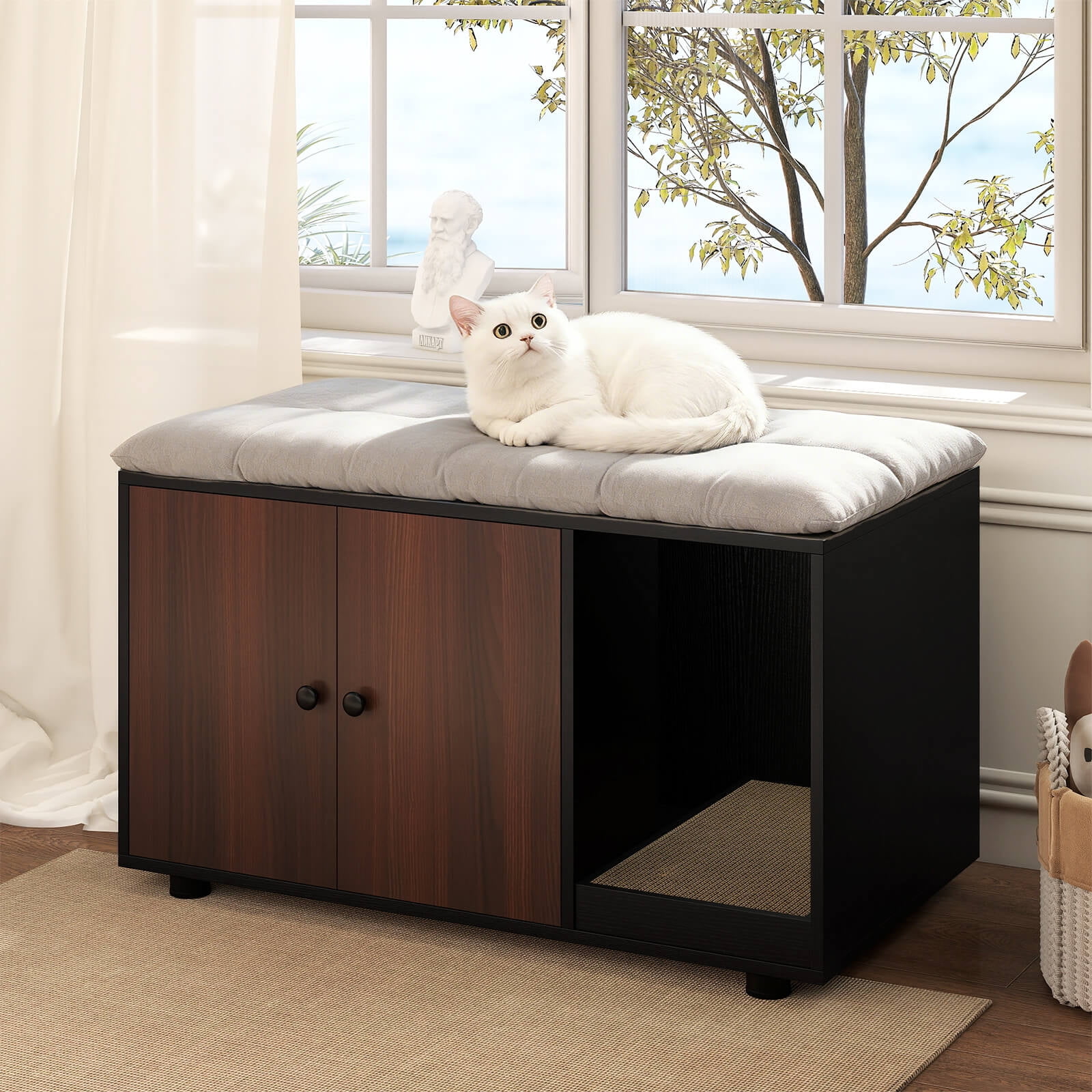 Costway Wooden Cat Litter Box Enclosure, Hidden Litter Box Furniture with Scratching Board Black