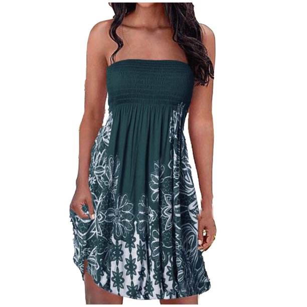 Qucoqpe - Vestido tubo para mujer, informal, de verano, elástico, fruncido, sin tirantes, estilo bohemio, con hombros descubiertos, con volantes, fluido, para playa y sol, en oferta.