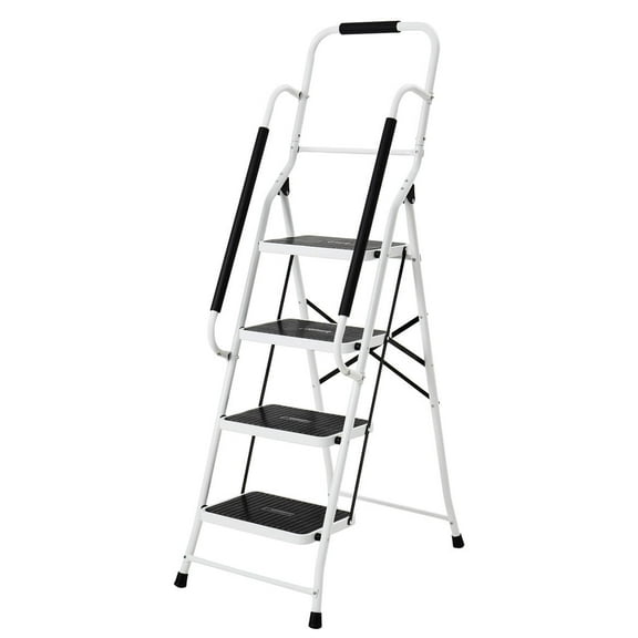 Folding 4-Step Safety Ladder with Padded Handrails–Heavy-Duty Steel Frame, Anti-Slip Treads, Space-Saving Design – 300 lb Capacity Step Stool for Home, Kitchen, Office & Indoor Use