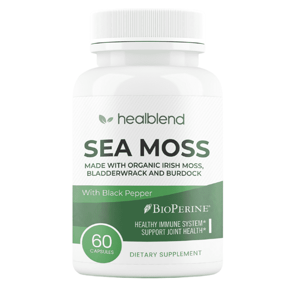 Healblend Organic Irish Sea Moss Capsules - Bladderwrack, Burdock Root & BioPerine Energy Support, Immunity, Gut & Joint Health, Seamoss Supplement - 30 Servings