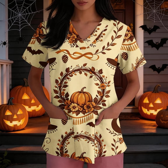Domuza Halloween Themed Scrubs Shirts Women Funny Bat Printed Casual Soft Stretchy Short Sleeve V-Neck Tshirts Breathable Nurse Uniforms Top with Pocket Yellow 4XL