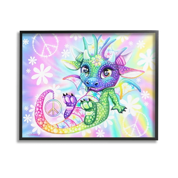 Stupell Industries Groovy Dragon Pattern Fairy Tales & Fantasy Painting Black Framed Art Print Wall Art, 14 x 11