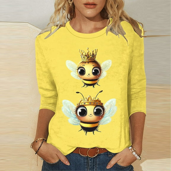 LYEAA Bee-Themed 3/4 Sleeve Women Tops Round Neck Casual T-Shirt Soft Cotton Blend Fabric with Stretch Comfort Daily Wear Yellow S