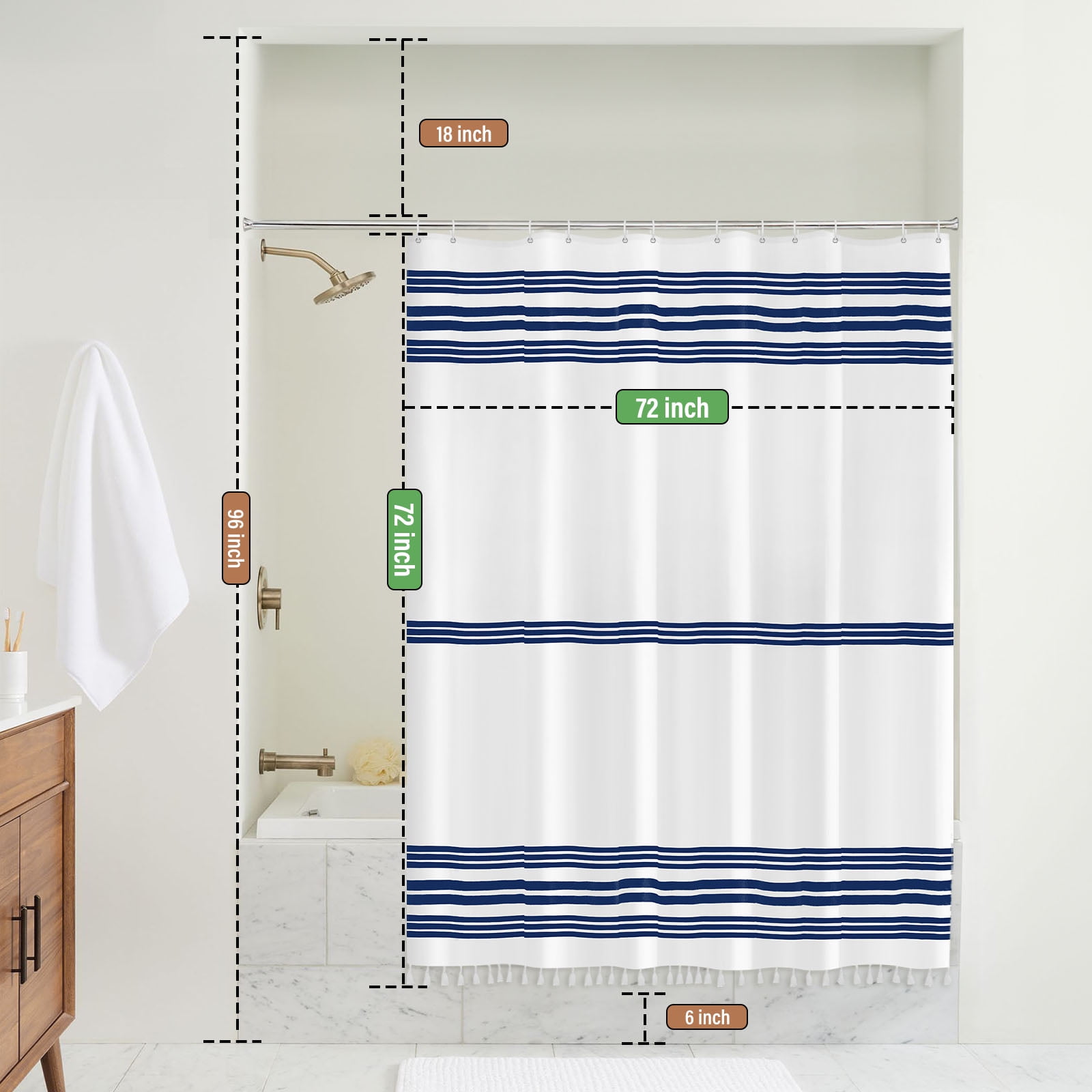 Seasonwood Blue Shower Curtain with Tassel for Bathroom Decor,Blue Striped Shower Curtain,Chic Polyester Bath Curtain Set with Hooks, 72 x 72
