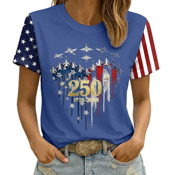 CUSTG Women T-Shirts Elegant Anniversary Loose Fit Printed T Shirt Everyday Soft Stylish Graphic O-Neck 1776-2026 Celebrate America's 250th Anniversary Relaxed Fit Tops