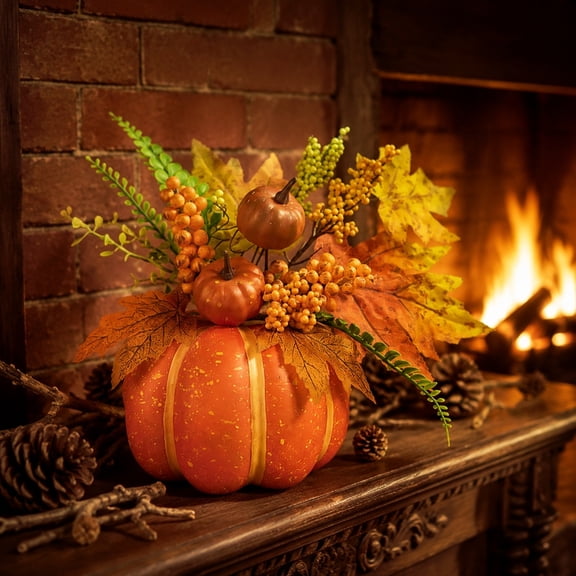 Foam Pumpkin Table Centerpiece with Maple Leaves & Berries, Artificial Fall Harvest Arrangement, Summer-to-Fall Decor for Thanksgiving Tabletop/Dining Room Mantel/Home Scene Decoration, Orange