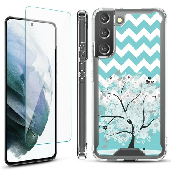 Shockproof Bumper Phone Case for Samsung Galaxy S22  / S22 Plus 5G, with Tempered Glass Screen Protector, by OneToughShield ® - Chevron/Tree