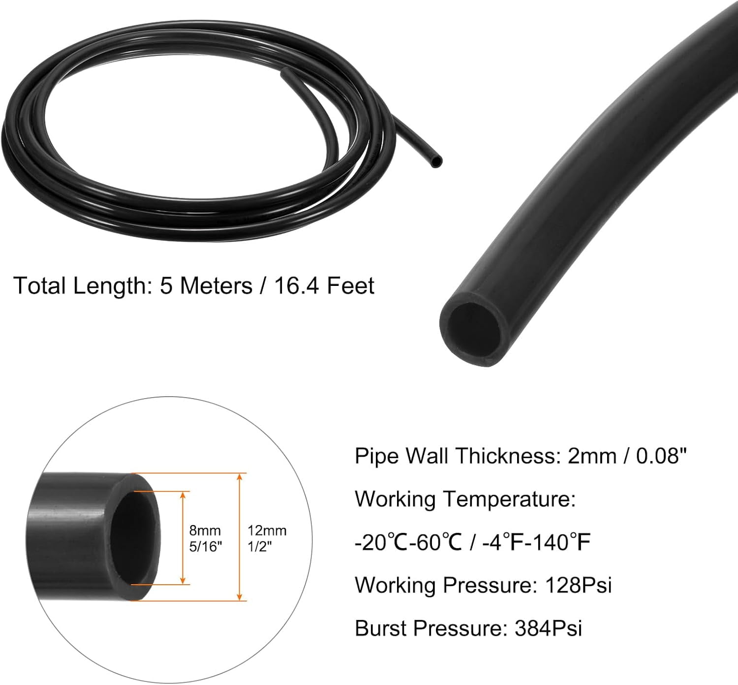 MKEUDQ-Pneumatic Tubing Pipe Pu Hose 12mm OD x 8mm ID 5 Meters(16.4 FT) Air Compressor PU Polyurethane Line Hose Tube for Air Compressor Water Fluid Transfer, Black