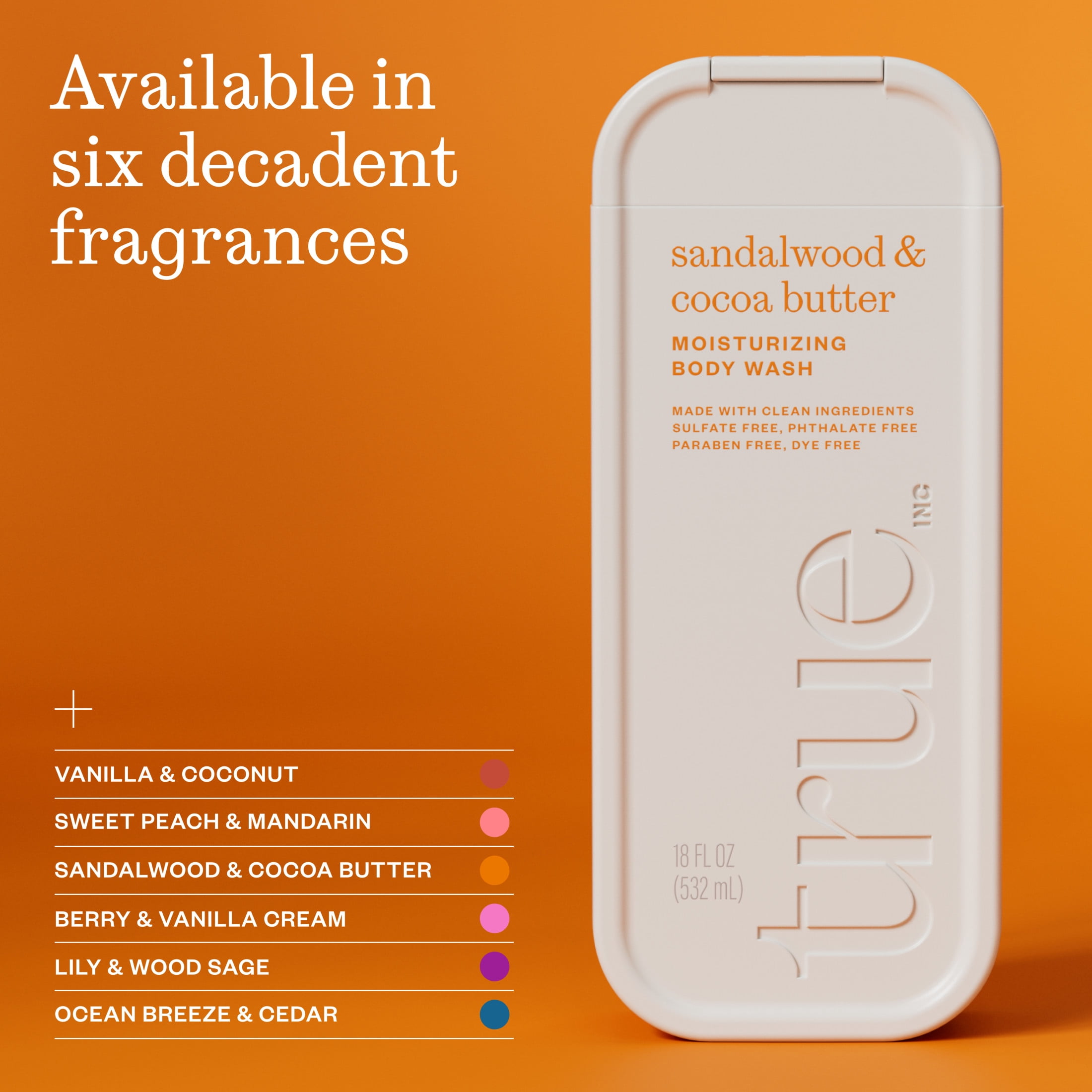 True Sandalwood & Cocoa Body Wash, Sulfate-Free, Moisturizing and Hydrating Formula for Women & Men, 18 fl oz