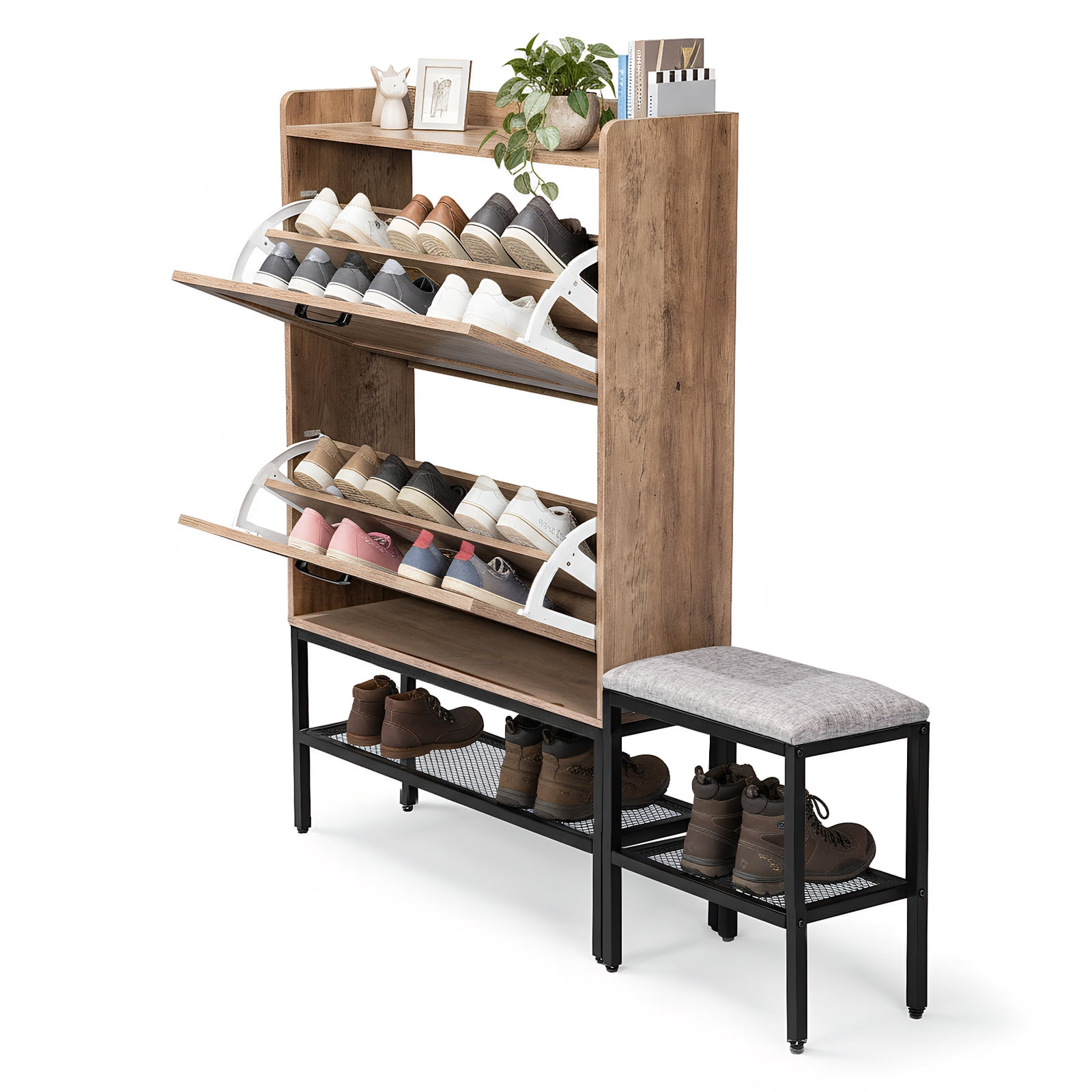 Shoe Cabinet with Barn Doors, Flip-Down Shoe Racks, Padded Bench & Side Hook, Slim 120×24×120cm Entryway Storage Organizer