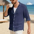thumbnail image 6 of Stamzod Beach Shirts for Men Solid Color Long Sleeve Flax Button Down Shirt Casual Mens Vacation Shirts Navy-3 XL, 6 of 9