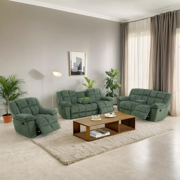 Recliner Sofa Set for Living Room,Corduroy Reclining Loveseat/Couch/Chair Set, Manual Reclining Couch Set with Storage Cup Holders for Living Room Office Home (Green, Sofa Loveseat Chair)