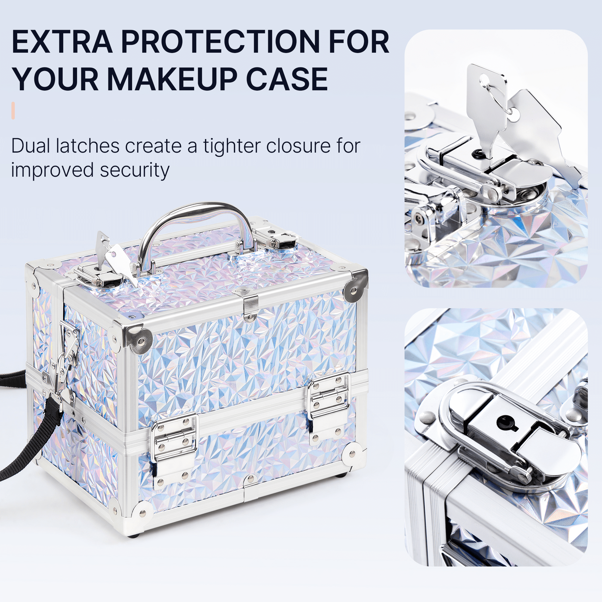 Alden Design Lockable Makeup Train Case with Mirror and 2 Trays, Silver